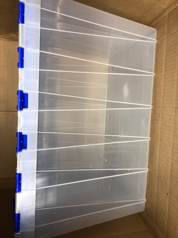 Photo 3 of Akro-Mils 66486 12-Gallon Plastic Stackable Storage Keepbox Tote Container with Attached Hinged Lid, 21-1/2-Inch x 15-Inch x 12-1/2-Inch, Clear/Blue Clear/Blue Keep Box