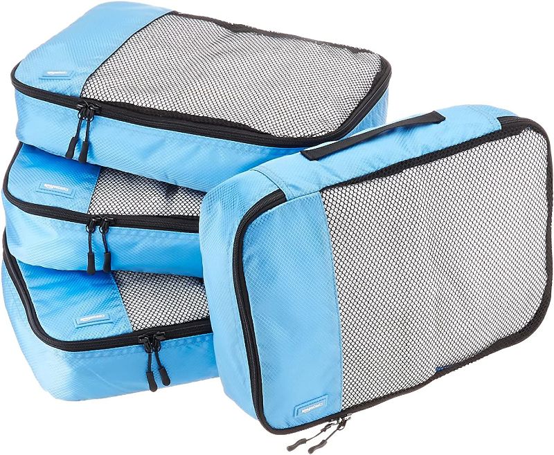 Photo 1 of Bundle of Amazon Basics 3 Piece Packing Travel Organizer Cubes Set - Medium, Sky Blue & 5 Pack grey bag 
