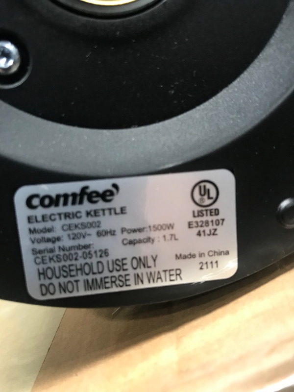 Photo 6 of ***MISSING main power *** Comfee 1.7L Stainless Steel Electric Tea Kettle, BPA-Free Hot Water Boiler, Cordless with LED Light, Auto Shut-Off and Boil-Dry Protection, 1500W Fast Boil