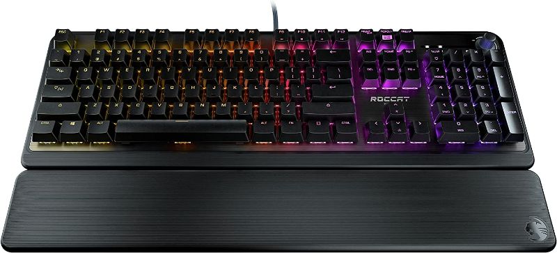 Photo 1 of ROCCAT Pyro Mechanical PC Gaming Keyboard, RGB Lighting, AIMO Illumination, Wired Computer Keyboard, Detachable Wrist/Palm Rest, Linear Feel Red Switches, Brushed Aluminum Top Plate, Black