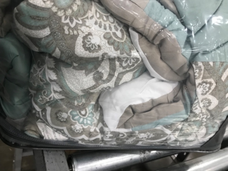 Photo 2 of 510 DESIGN Luxe Quilted Comforter Set Modern Transitional Design, All Season Down Alternative Warm Bedding Matching Shams, Bedskirt, Decorative Pillow, Queen, Shawnee Scrollwork Seafoam Shawnee Scrollwork Seafoam Queen