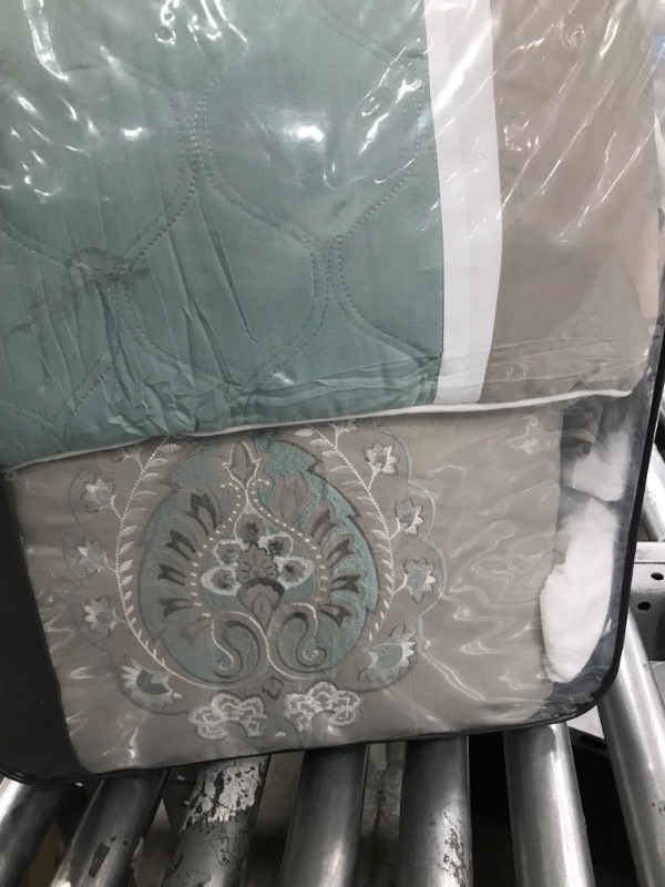 Photo 3 of 510 DESIGN Luxe Quilted Comforter Set Modern Transitional Design, All Season Down Alternative Warm Bedding Matching Shams, Bedskirt, Decorative Pillow, Queen, Shawnee Scrollwork Seafoam Shawnee Scrollwork Seafoam Queen