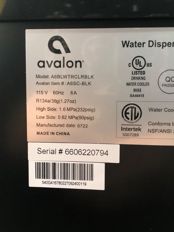 Photo 5 of Avalon A6SC-BLK Self Cleaning Touchless Bottom Loading Water Cooler Dispenser Hot & Cold, Child Lock, UL/Energy Star, Black