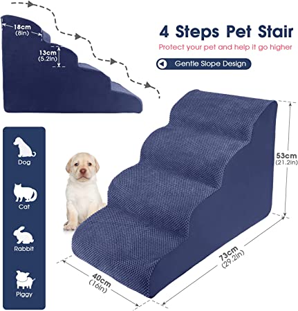 Photo 1 of  4 Tiers High Density Pet Foam Steps, Non-Slip Dog Step for High Bed and Sofa with 1 Lint Roller, Extra Wide Deep Dog Ladder/Ramp for Older Dogs, Cats Up to 50 lbs, Blue