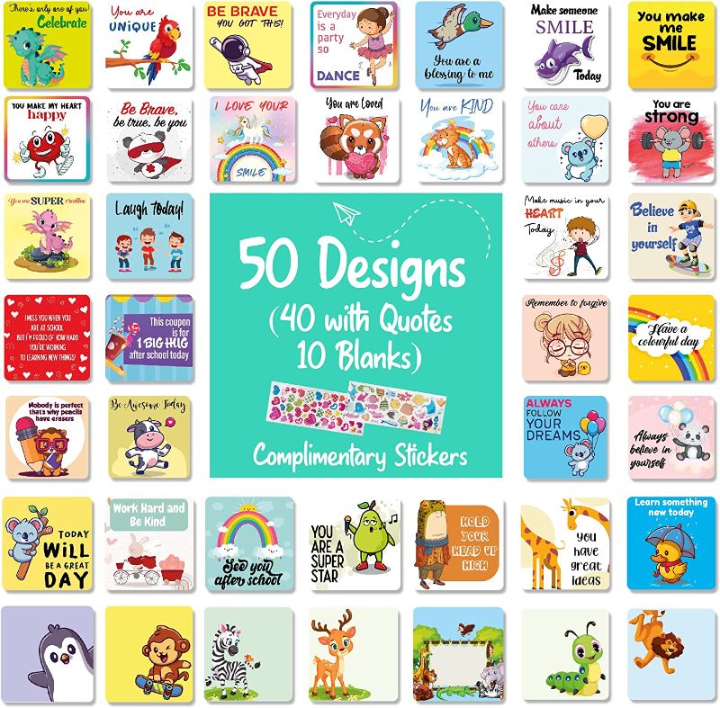 Photo 1 of 2 PACK
50 Different Design Cards Lunch Notes for Kids , with 20 sheets of Complimentary Puffy Stickers , Lunch Box Notes for Kids Unique Designs , Lunch Box Notes for Boys and Girls , Kids Affirmation Cards
