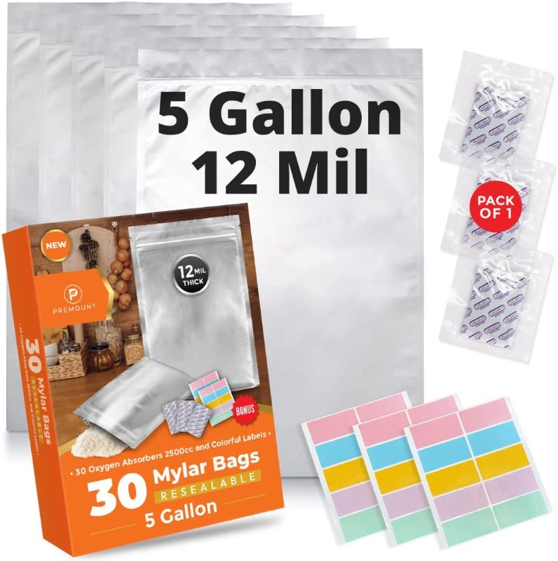 Photo 1 of **MISSING SOME** Premount 12 Mil Mega Thick 30pcs 5 Gallon Mylar Bags for Food Storage With Oxygen Absorbers 2500cc (30 Packs of 1) - 5 Gallon 17"x26" - Mylar Bags With Oxygen Absorbers + 30 Colorful Labels
