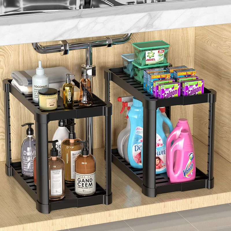Photo 1 of 2 Pack Under Sink Organizers and Storage, 2 Tier Expandable Under Bathroom Cabinet Basket Storage Rack, Multi-purpose Storage Shelf for Bathroom Kitchen
