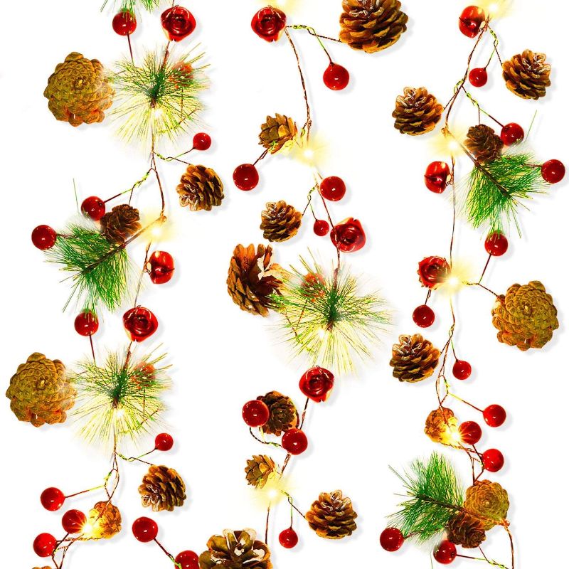 Photo 1 of 20 LED Christmas String Lights, 7 Ft Pinecone Red Berry Bell Xmas Garland with Lights Battery Operated Fairy String Lights with Pine Cone Indoor Outdoor Holiday Christmas Party Decorations

