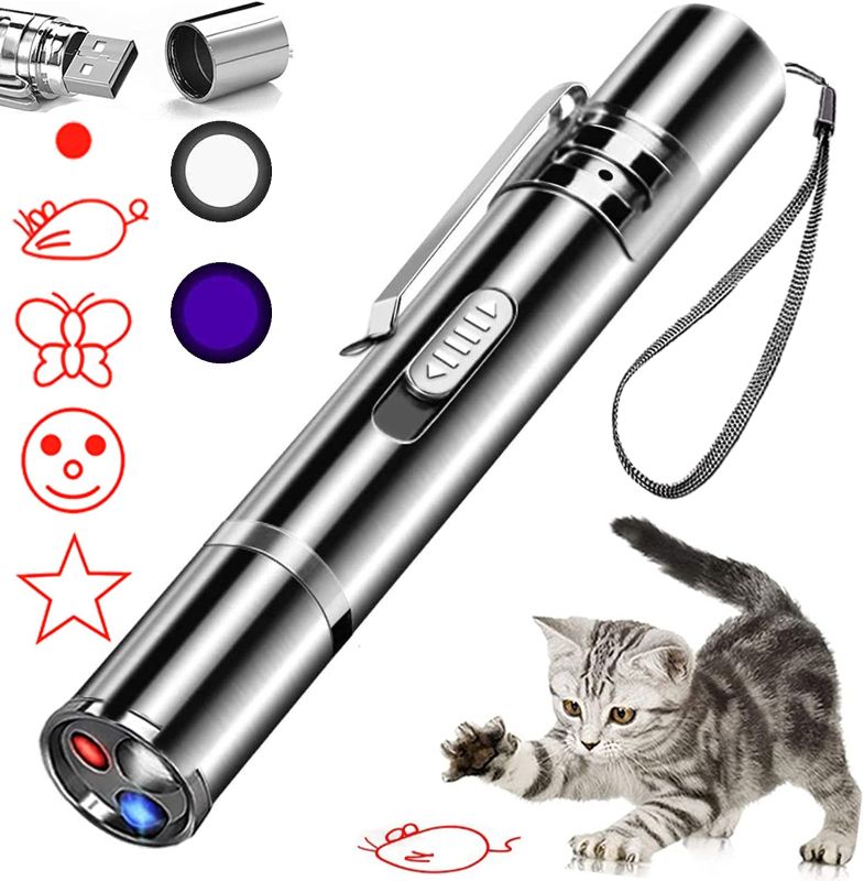 Photo 1 of  2 PIECES Cat Laser Toy, Red Dot LED Light Pointer Interactive Toys Indoor Cats DogsLaser, Long Range 5 Modes Lazer Projection Playpen for Kitten Outdoor Pet Chaser Tease Stick Training Exercise,USB Recharge
