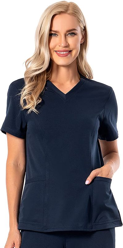 Photo 1 of PuriPure Women Scrubs Top V-Neck Athletic Workwear Medical Scrub Top Uniform 4-Way Stretch V-Neck Scrub Top with 2 Pockets
