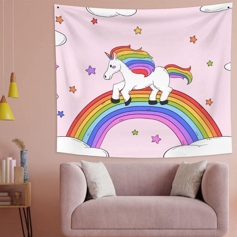 Photo 1 of Baiyiguiyi Cartoon Tapestry For Girls, Pink Unicorn Tapestry Cartoon Rainbow Unicorn Tapestry Wall Hanging, Cute Stars Clouds Colored Flag Unicorn Tapestry For Home Decor 59.1 x 51.2 Inches… 2 pack
