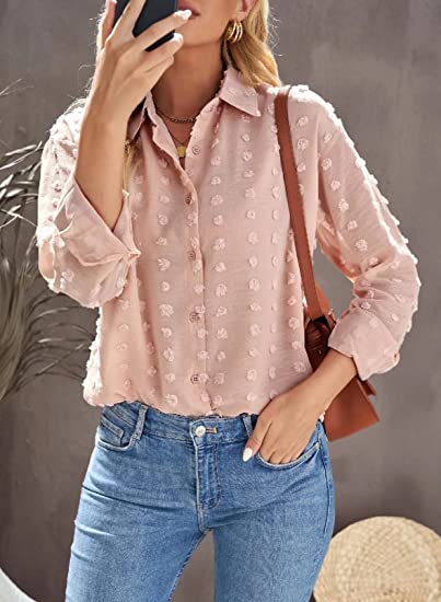 Photo 1 of Sidefeel Womens V Neck Chiffon Blouse Pom Pom Long Sleeve Button Shirt Tops
