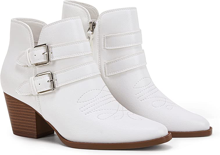 Photo 1 of PiePieBuy Womens Side Zipper Ankle Boots Chunky Stacked Low Heel V Cut Out Pointed Toe Booties With Buckle
