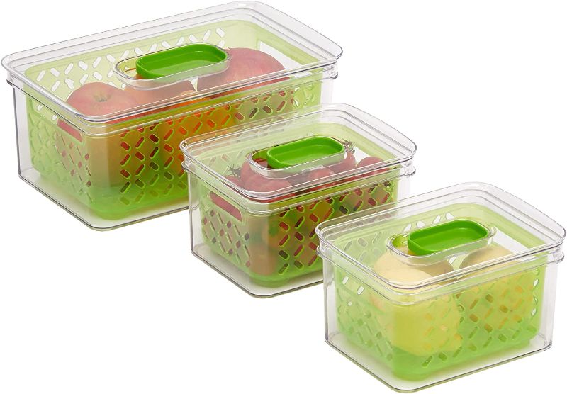 Photo 1 of Amazon Basics Set of 3 Produce Food Saving Containers with Vented Lids, BPA Free Plastic - 1 Large (4.3 Qt), 2 Medium (1.9 Qt) 