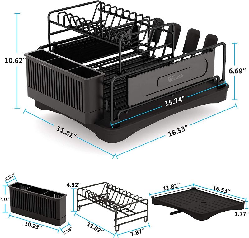 Photo 2 of 1Easylife Dish Drying Rack, 2-Tier Compact Kitchen Dish Rack Drainboard Set, Large Rust-Proof Steel Dish Drainer with Swivel Spout, Utensil Holder, Non-Slip Cup Holder for Kitchen Counter 