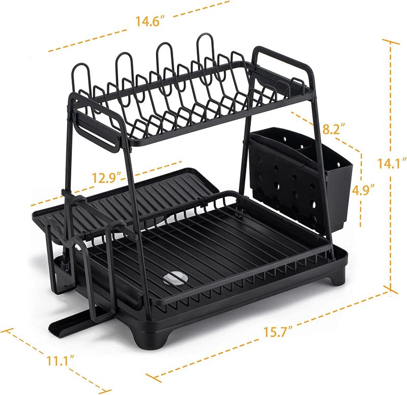 Photo 1 of 2 Tier Dish Drying Rack Aluminum, Dish Rack with Drainboard for Kitchen Countertop, Aluminum Drying Rack with Cup Holder, Cutting Board Holder and Cutlery Box, Black Aluminium, 15.7 x 11.1 x 14.1 in 