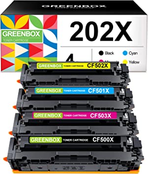 Photo 1 of GREENBOX Compatible Toner Cartridge Replacement for HP 202X 202A CF500X CF501X CF502X CF503X for HP Color Laserjet Pro MFP M281fdw M281dw M281cdw M280nw M281fdn M281m 254dwm 254dnm 254m 254nw(4 Packs)