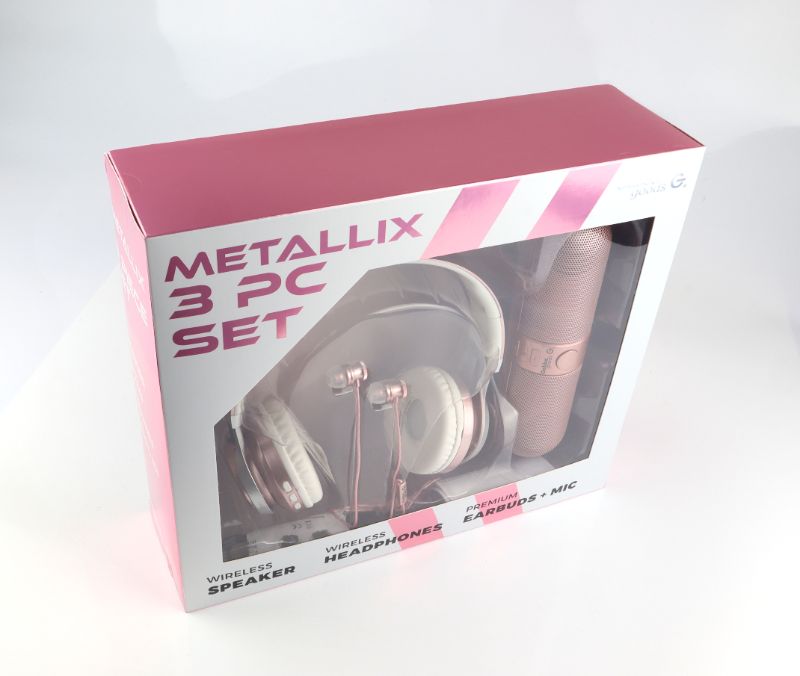 Photo 1 of METALLIX 3 PIECE SET 1 BLUETOOTH SPEAKER 1 WIRELESS HEADPHONE AND 1 EARBUD SET WITH MICROPHONE NEW $29.99