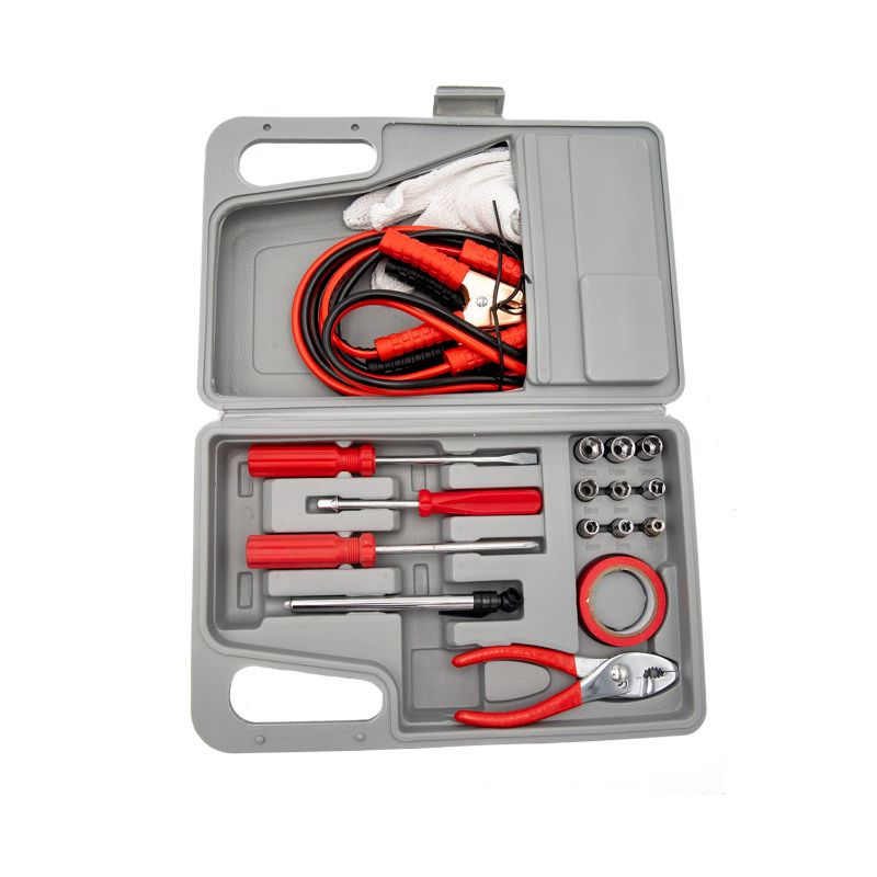 Photo 1 of  8 PIECE CAR TOOL SET 8FT BOOSTER CABLES 9 PIECE SOCKET SET 1 SLIP JOINT 1 PHILIPS VINYL TAPE GLOVES TIRE GAUGE SLOTTED SCREWDRIVER NEW 