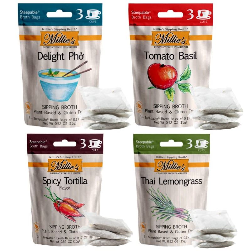 Photo 2 of 2----best by 03/18/2024****MILLIE'S SIPPING BROTH Steepable Vegetable Broth with Savory Seasonings for Snack Urges | Vegan, Keto, Gluten Free, Intermittent Fasting, and natural | (4 Pack Assortment - 12 Broth Bags Total)