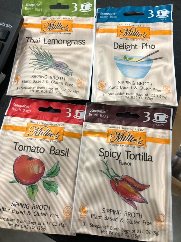 Photo 1 of 2----best by 03/18/2024****MILLIE'S SIPPING BROTH Steepable Vegetable Broth with Savory Seasonings for Snack Urges | Vegan, Keto, Gluten Free, Intermittent Fasting, and natural | (4 Pack Assortment - 12 Broth Bags Total)