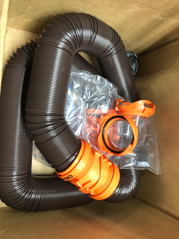 Photo 2 of Camco 20' (39742) RhinoFLEX 20-Foot RV Sewer Hose Kit, Swivel Transparent Elbow with 4-in-1 Dump Station Fitting-Storage Caps Included , Black , Brown 20ft Sewer Hose Kit Frustration-Free Packaging