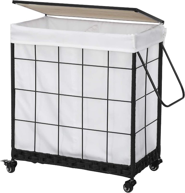 Photo 1 of *Unknown Missing Hardware* Laundry Hamper with Wood Lid and Divided Liner Bag; Durable Laundry Basket with Heavy Duty Rolling Lockable Wheels; Clothes Hamper with Removable Liner Bag; Laundry Sorter with Metal Handle (White)
