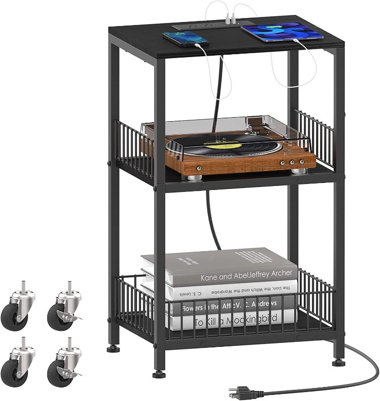 Photo 1 of *Unable to Test* YBING Nightstand Black with Charging Station, 3-Tier Night Stand with USB Ports and Outlets, Mobile Side Table with Lockable Wheels and Storage Bedroom Living Room with Wood Metal Sturdy Frame
