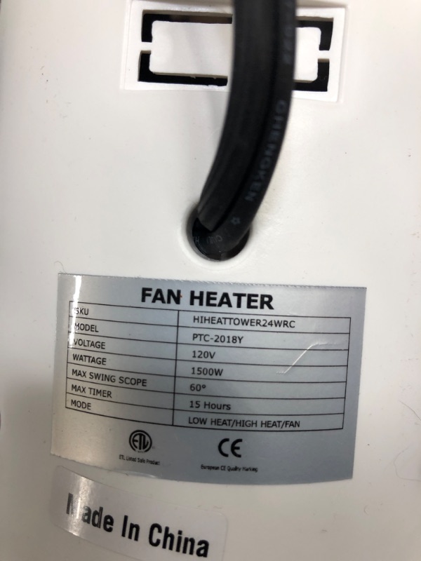 Photo 5 of ***TESTED WORKING*** Simple Deluxe 24-inch Tower Fan and Heater Combo, Electric Space Heater, Tower Heater with Remote, 1500W Indoor Space Heater with Oscillation, Overheating Protection White 24"