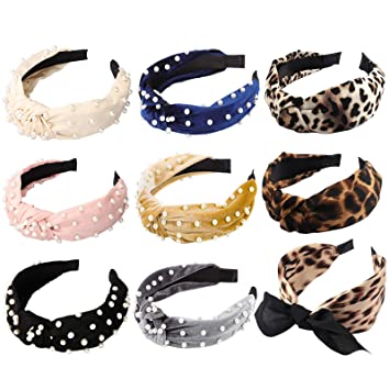 Photo 1 of Headbands for Women 9 Pack, 3 Leopard Headbands and 6 Velvet Pearl Hairbands, Fashion Cute Elegant Wide headband Top Cross Knot Stripe Turban Hair Hoop Headwrap Headwear for Women Girls Hair Accessories (3 Leopard ? 6 Pearl Headbands)
