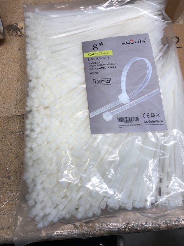 Photo 1 of 1000 Pack 8 Inch Bulk KOOWIN Nylon Plastic Cable Zip Ties Medium Wire Wraps White
