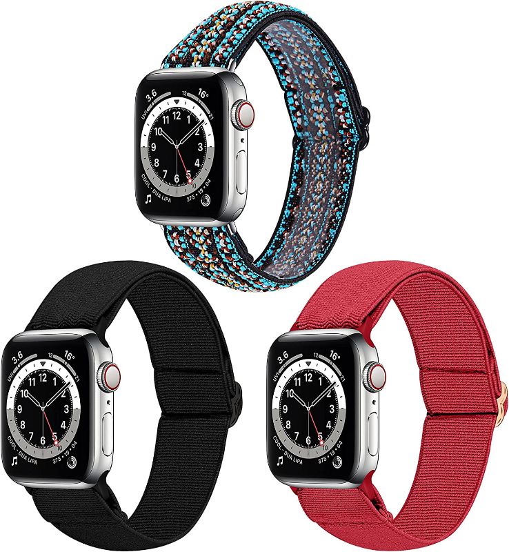 Photo 2 of Bundle 3 Count: 3 Pack Elastic Band Compatible with Apple Watch Bands 38mm 41mm 40mm 42mm 44mm 45mm, Adjustable Stretchy Nylon bands for iWatch Series Ultra 8/7/6/5/4/3/2/1 SE Strap for Women

