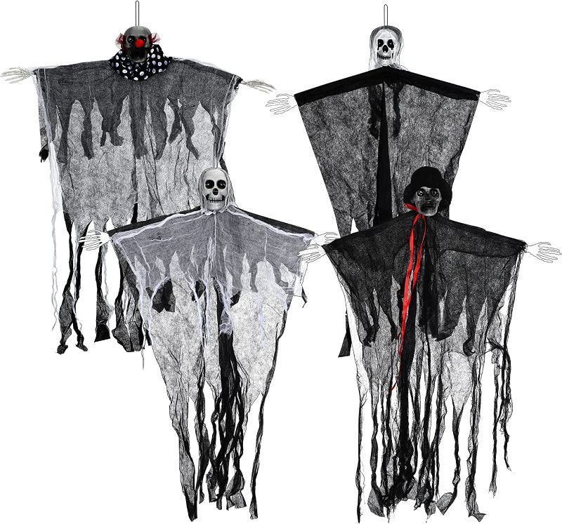 Photo 1 of 4 Pieces Halloween Hanging Ghosts Skeleton Decorations 31.5 Inch Grim Reapers Scary Halloween Decor Creepy Halloween Flying Ghost Props for Halloween Haunted House Party Indoor Outdoor Decoration
