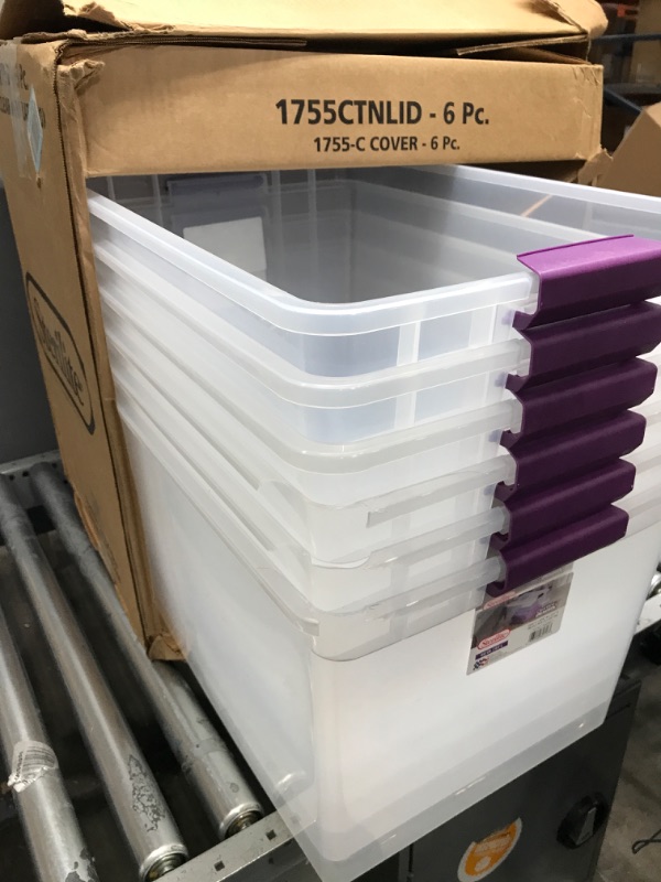 Photo 2 of (BROKEN CORNERS)Sterilite 66 Qt./62 L Clearview Latch Box Clears, Purple Handles (Pack of 6)
