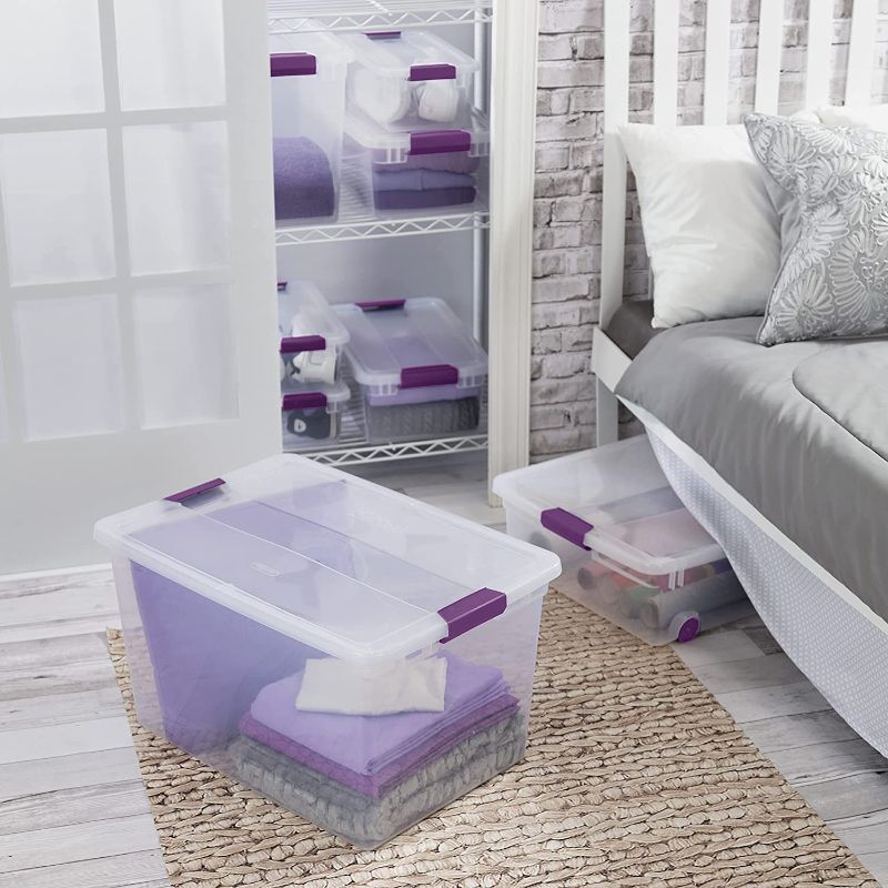 Photo 1 of (BROKEN CORNERS)Sterilite 66 Qt./62 L Clearview Latch Box Clears, Purple Handles (Pack of 6)
