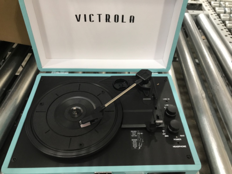 Photo 3 of Victrola Vintage 3-Speed Bluetooth Portable Suitcase Record Player with Built-in Speakers | Upgraded Turntable Audio Sound| Includes Extra Stylus | Turquoise, Model Number: VSC-550BT