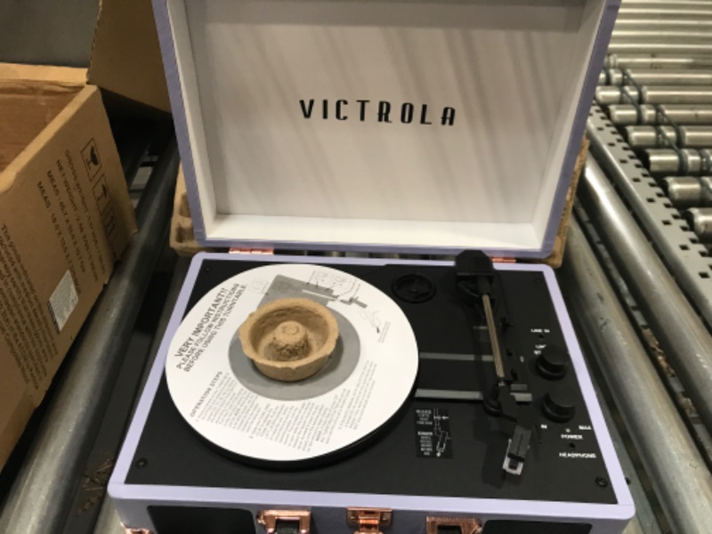 Photo 5 of Victrola Vintage 3-Speed Bluetooth Portable Suitcase Record Player with Built-in Speakers | Upgraded Turntable Audio Sound | Lavender (VSC-550BT-LVG) Lavender/Silver Record Player