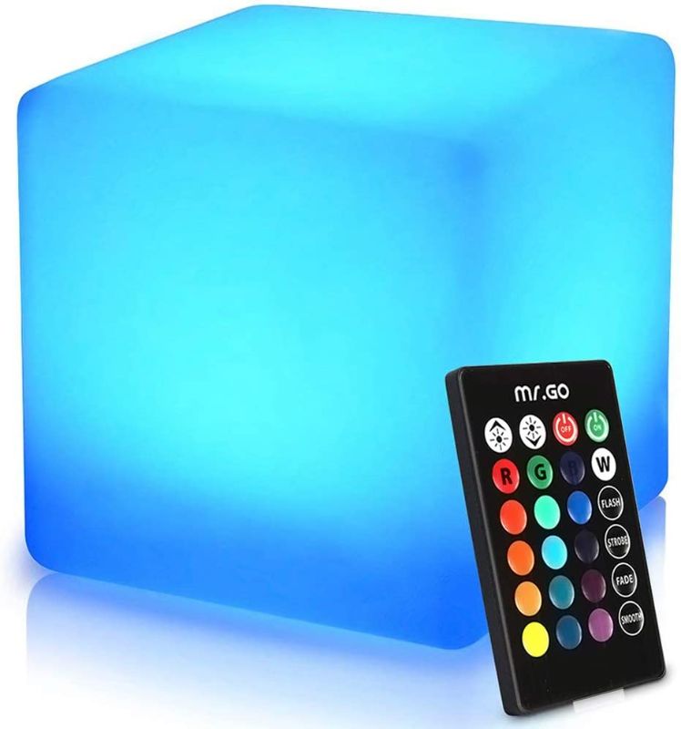 Photo 1 of (DOES NOT TIRN ON)16-inch Rechargeable LED Cube Chair Light w/Remote, Waterproof RGB Color Changing LED Light Cube Seat Stool Side Table, Ideal Home Bedroom Patio Pool Party Accent Ambient Decorative Lighting