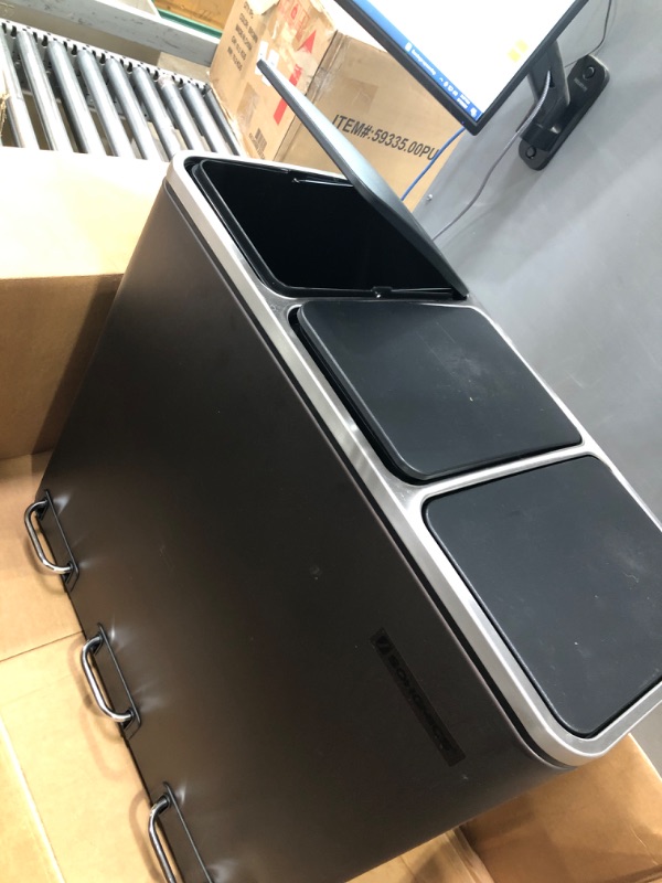 Photo 2 of (1 TOP WONT SHUT)SONGMICS Trash Can, 3 x 4.8 Gallon Garbage Can, 14.4 Gallon Recycle Bin with Soft-Close Lids, Pedals, and Inner Buckets for Kitchen, Stainless Steel, Black ULTB154B01