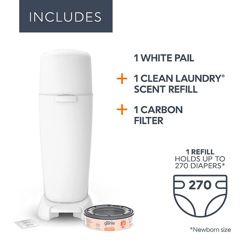 Photo 1 of (VERY USED)Diaper Genie Complete Diaper Pail (White) with Antimicrobial Odor Control | Includes 1 Diaper Trash Can, 1 Refill Bags, 1 Carbon Filter
