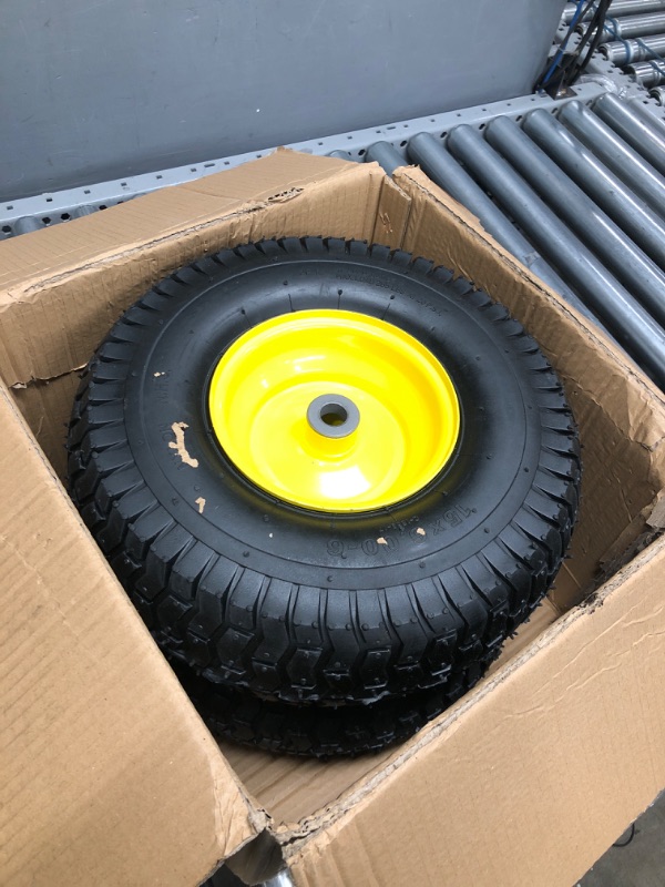 Photo 2 of (2 Pack) AR-PRO Exact Replacement 15" x 6.00 - 6" Front Tire and Wheel Assemblies for John Deere Riding Mowers - Compatible with John Deere 100 and D100 Series - 3” Hub Offset and 3/4” Bushings 15" x 6.00-6" Yellow