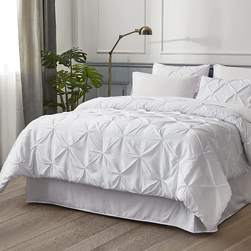 Photo 1 of ***SIMILAR TO DISPLAY PHOTO BUT WITHOUT THE RUFFLES****   Bedsure California King Comforter Set - Cal King Bed Set 8 Pieces, Pinch Pleat White Cali King Bedding Set with Comforters, Sheets & Skirt, Pillowcases & Shams
