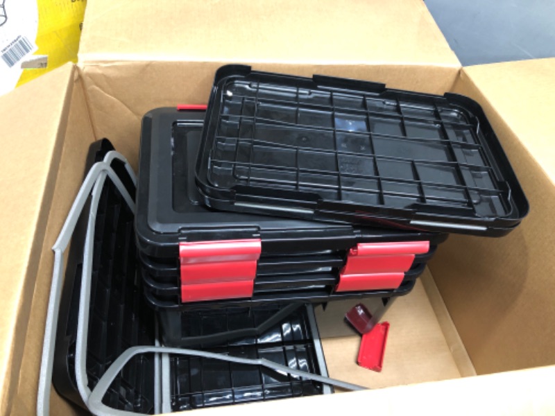 Photo 2 of **MAJOR DAMAGE TO SOME LIDS***  IRIS USA 19 Quart WEATHERPRO Plastic Storage Box with Durable Lid and Seal and Secure Latching Buckles, Weathertight, Black with Red Buckles, 6 Pack