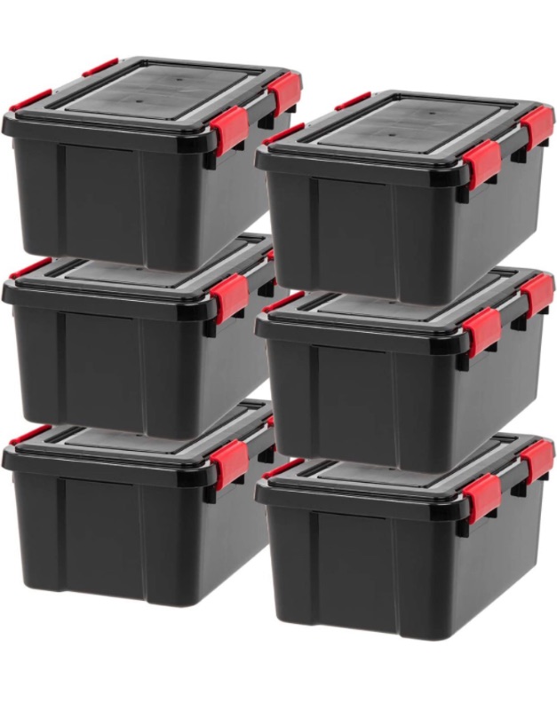 Photo 1 of **MAJOR DAMAGE TO SOME LIDS***  IRIS USA 19 Quart WEATHERPRO Plastic Storage Box with Durable Lid and Seal and Secure Latching Buckles, Weathertight, Black with Red Buckles, 6 Pack