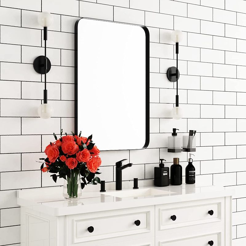 Photo 1 of 22 x30 Inch Brush Black Bathroom Mirror, Modern Black Mirror with Rounded Corners, Black Vanity Mirror for Bathroom, Metal Frame Mirror, Rectangle Mirror Portrait or Landscape Hang, Restroom Mirror