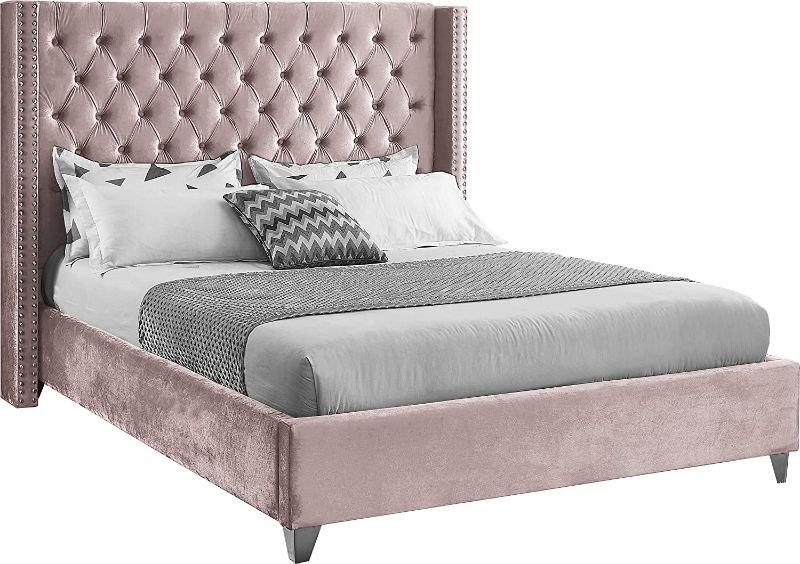 Photo 1 of *INCOMPLETE BOX 2 OF 2*- Meridian Furniture Aiden Collection Modern | Contemporary Velvet Upholstered Bed with Deep Button Tufting, Solid Wood Frame, and Custom Chrome Legs, Queen, Pink
