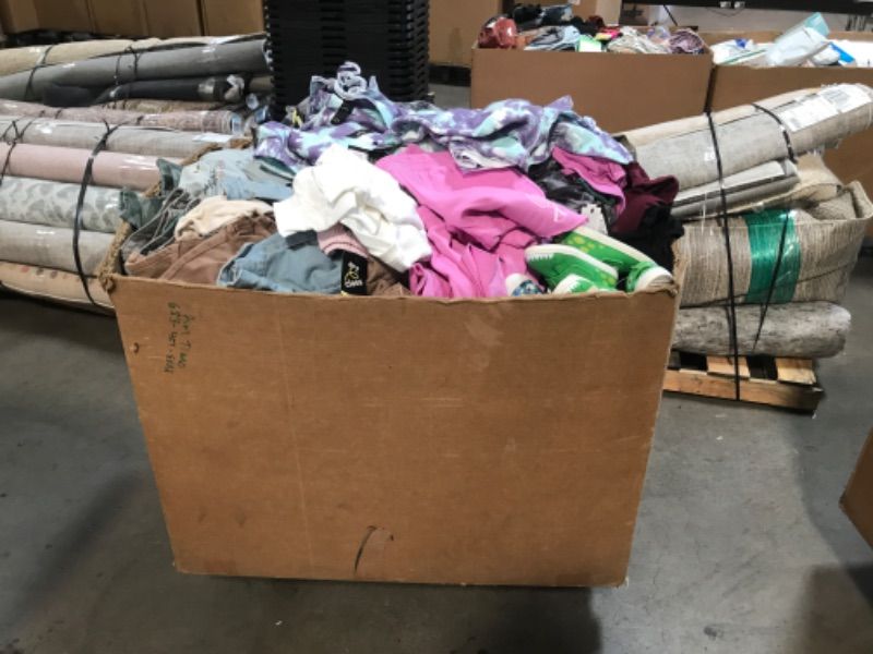 Photo 1 of ALL SALES FINAL; NO RETURNS!!! 31" x 32" x 34" Volume of Miscellaneous Adult & Children's Clothing/Shoes BOX NOT INCLUDED IN SALE