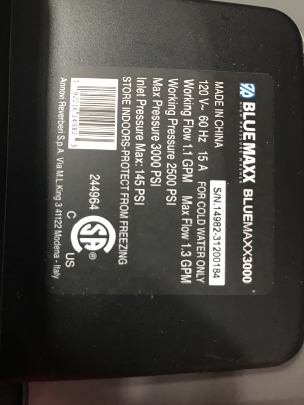 Photo 3 of AR Blue Maxx, BM 3000 Electric Pressure Washer, 3000 PSI, 1.3 GPM, 15 AMP, Quick Connect, 15 & 25 Degree Nozzle, Turbo Nozzle, Spray Gun, Foam Cannon, Metal Lance, 25’ Hose, Two Wheel Trolley. 61 lbs Maxx 3000 Electric Pressure Washer