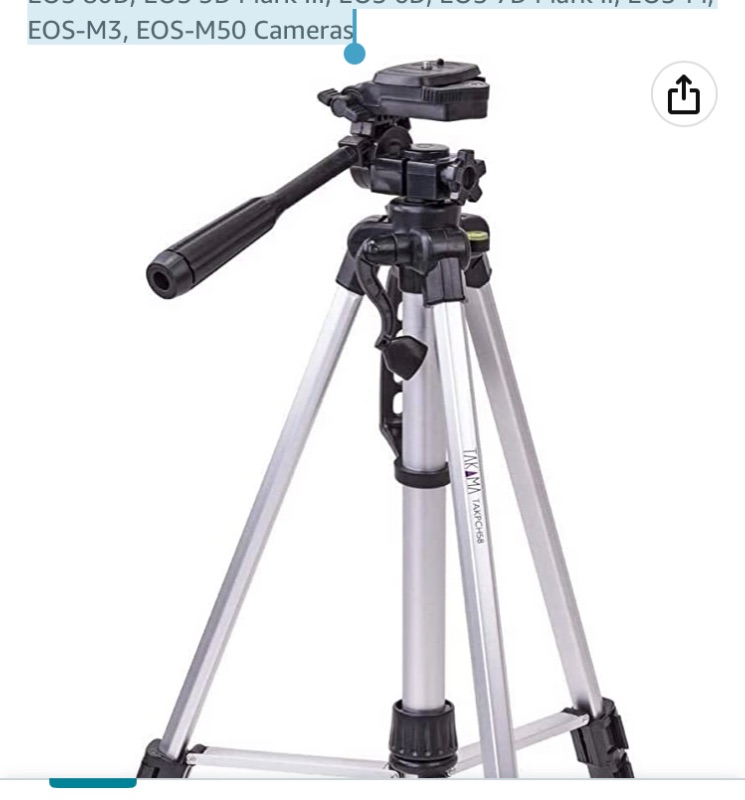 Photo 1 of Lightweight 57-inch Camera Tripod for Canon EOS Rebel T3, T3i, T4i, T5, T5i T6i, T6s, T7, T7i, EOS 60D, EOS 70D, EOS 80D, EOS 5D Mark III, EOS 6D, EOS 7D Mark II, EOS-M, EOS-M3, EOS-M50 Cameras