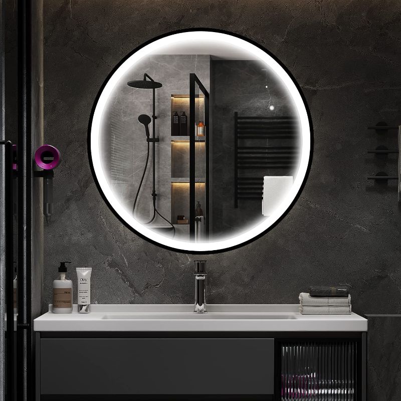 Photo 1 of KAASUNES 34" LED Lighted Round Mirror Wall Mount Circle Illuminated Bathroom Vanity Mirror with Anti-Fog Demister Pad Built in Touch Switch